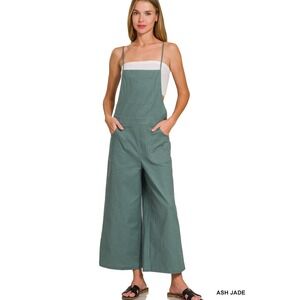 Zenana Woven Spaghetti‎ Strap Overalls Ash Jade Large